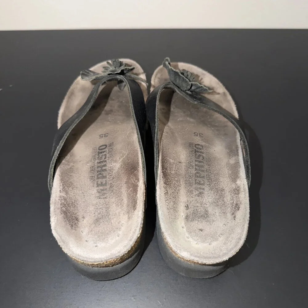 Mephisto Floral Slide Sandals Black Leather Cork Footbed Size 35 - Picture 5 of 7